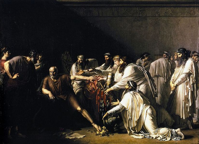 Hipokrat'ın, kendisinden hizmet isteyen Ahameniş İmparatoru Artakserkses'in hediyelerini reddetme öyküsünün illüstrasyonu. Girodet tarafından çizilmiştir, 1792