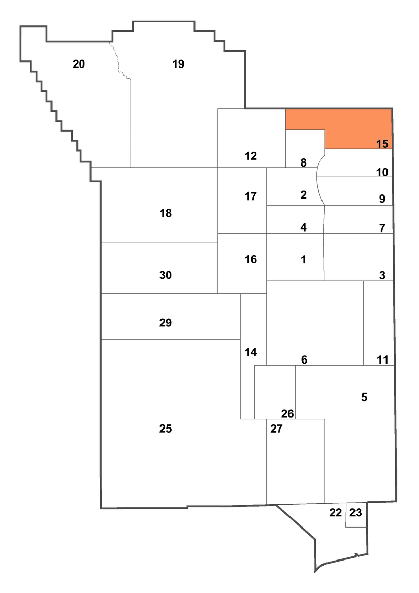 Parsellere ayrılan Nevada bölgesi. Sağ üst köşedeki işaretli kısım NTS 15. Bölgedir. 51. Bölge bu bölgenin hemen yanında yer almakta ve haritadaki 25. Bölgeden bile daha büyük görünmektedir.