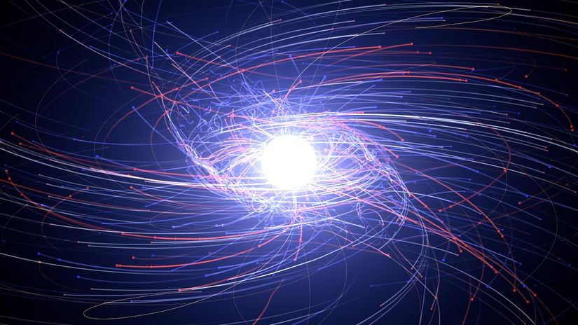 Elektron ve pozitronların bir nötron yıldızı etrafında etkileşimini görselleştirmiş bir simülasyon görüntüsü.