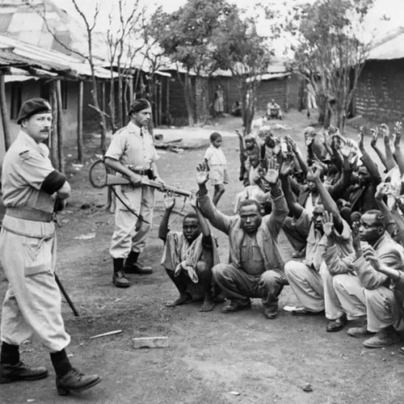Mau Mau isyanı sırasında evleri aranırken İngiliz polisi Kenyalılar üzerinde nöbet tutuyor.