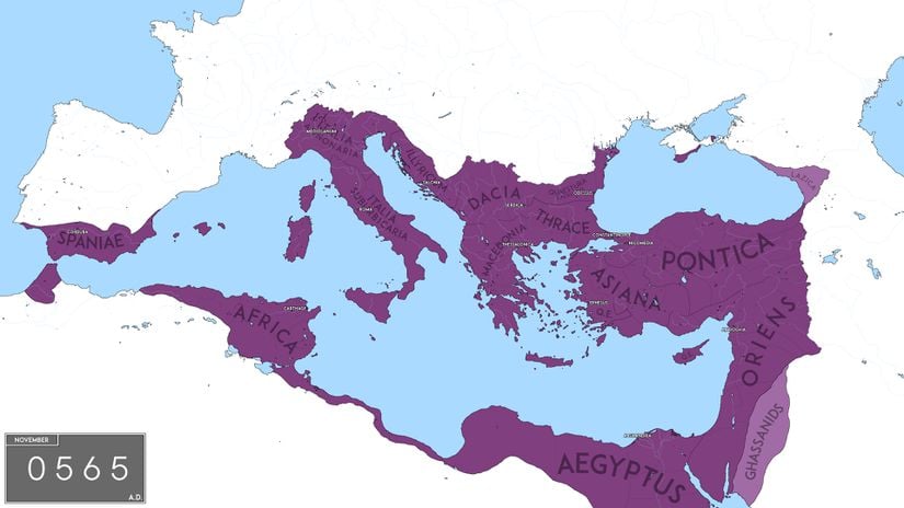 565 yılında, I. Iustinianus(Büyük Justinianus) öldüğünde en geniş sınırları ile Bizans(Doğu Roma) İmparatorluğu