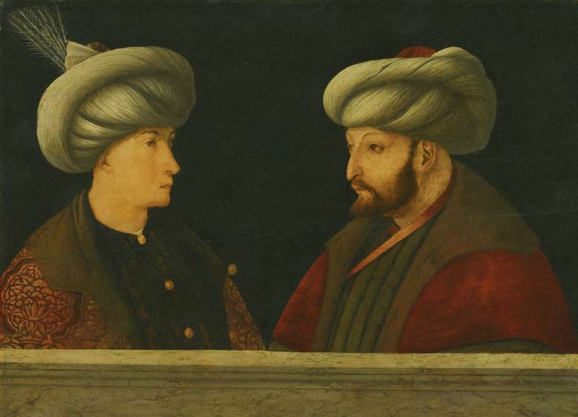 Fatih Sultan Mehmet (sağda) ve genç bir diğer kişi (oğlu Cem olduğu iddia edilmektedir). Çizim, 1481 yılına aittir. Bu, Fatih'in bir diğer kişiyle aynı tuvalde yer aldığı tek çizimdir.
