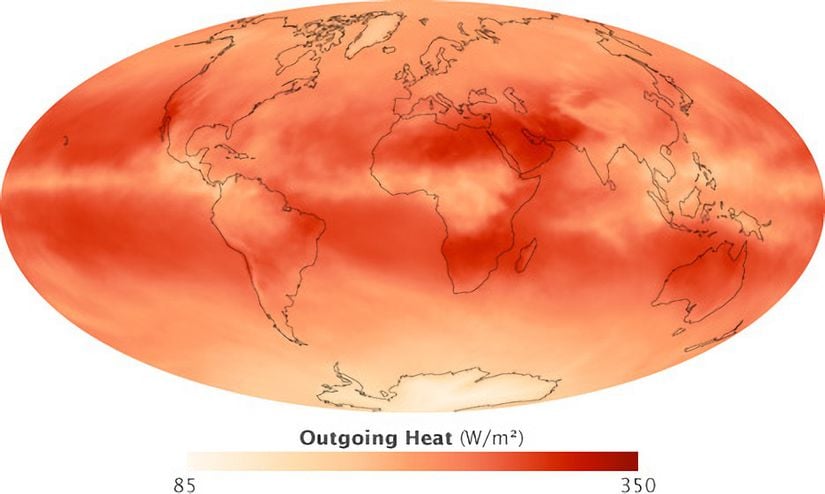Emilen güneş ışığı, Dünya yüzeyinden ve atmosferinden yayılan ısı ile dengelenir. Bu uydu haritası, Eylül 2008'de Dünya'nın yaydığı termal kızılötesi radyasyonun dağılımını gösteriyor. Isının çoğu, ekvatorun hemen kuzeyinde ve güneyinde, yüzeyin sıcak olduğu, ancak çok az bulutun olduğu bölgelerden kaçtı. Ekvator boyunca, kalıcı bulutlar ısının kaçmasını engelledi. Aynı şekilde, soğuk kutuplar da çok az ısı yaydı.