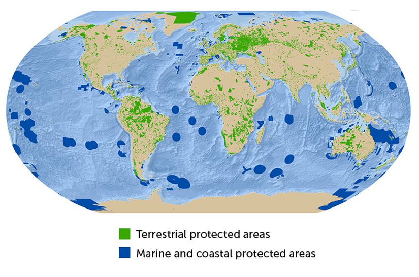 Yeşil renkler korunan karasal alanları; mavi renkler korunan deniz ve kıyıları göstermektedir.