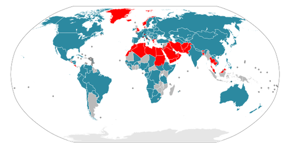 Dünyada lâiklik   (Mavi: Laik devletler, Kırmızı: Resmî dini olan devletler, Gri:  Belirsiz veya veri yok)