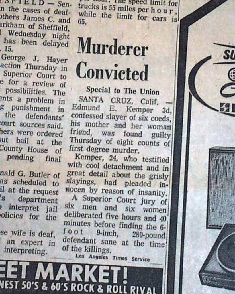 Edmund Kemper'ın yakalanmasına dair bilgi içeren gazete yazısı.