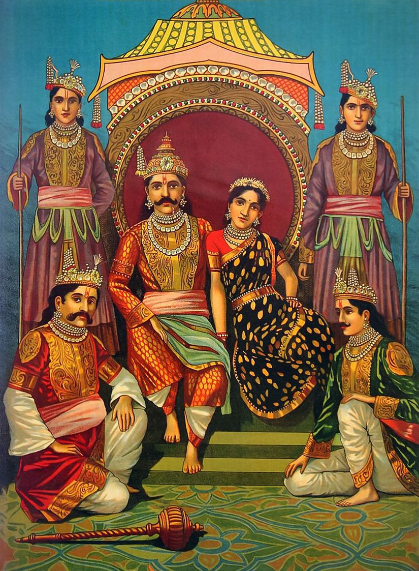 Hint Mahabharata destanından Prenses Draupadi ve 5 kocası, Pandavas kardeşler