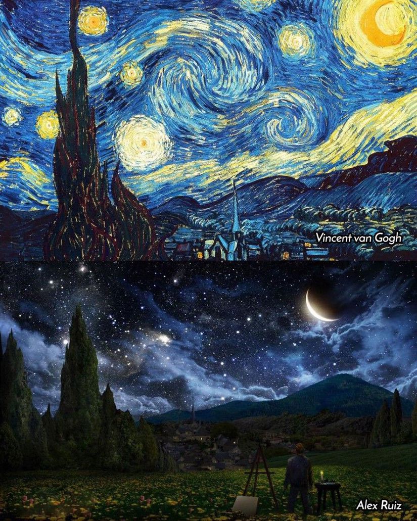 Buna karşılık, Alex Ruiz 19 yaşındayken The Simpsons için çizmeye başlamış olan (ve bir süre sonra yardımcı yönetmenliğe kadar yükselmiş olan), sonradansa fantastik ve bilimkurgu çizimlerine geçiş yapmış bir sanatçıdır. Ruiz, van Gogh'un ikonik tablosunu çizerken nasıl bir ortamda olabileceğini hayal edip, etkilenimci doğasından kurtarmak istediğinde karşısına bu tip bir eser çıkmıştır.