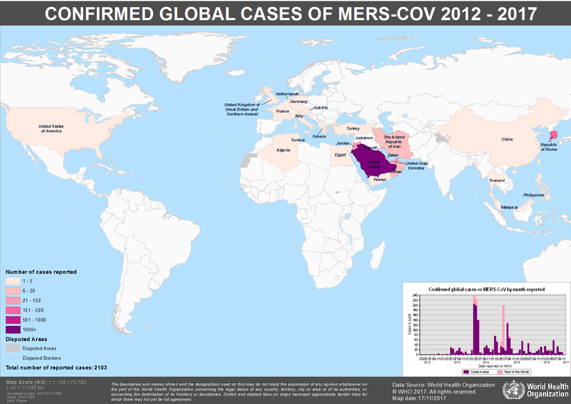 2012-2017 arasında MERS-CoV yayılım haritası görülmektedir.