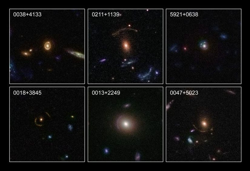 Hubble Uzay Teleskobunun keşfettiği ve görüntülediği güçlü kütleçekimsel mercekleme etkisine dair altı örnek görüyoruz. Kemervari ve halka tipi yapılar, kütle/madde kümesi büyüklüğünü ve dağılımını yeniden şekillendirerek ve onu arkadan gelen ışıkla karşılaştırarak hem karanlık maddeyi hem de Genel Göreliliği incelememize fırsat veriyor. Birbirinden tamamen bağımsız diğer pek çok delil ile birlikte sadece bu görüntülerle bile karanlık maddenin varlığına dair kanıt ortadadır.