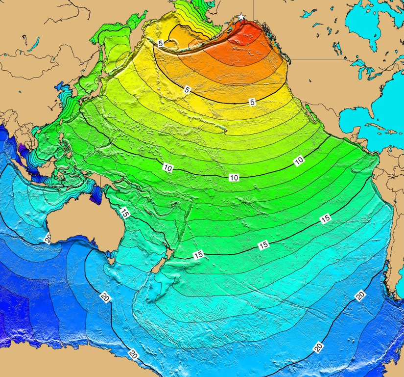 1964 yılında Alaska'da meydana gelen deprem sonucu oluşan tsunami dalgalarının Asya, Avustralya, Güney Amerika ve Antarktika'ya ulaşma sürelerini gösteren bir harita. Kırmızı renkli bölgelere ulaşma süresi 1-4 saat, sarı renkli bölgelere ulaşma süresi 5-6 saat, yeşil renkli bölgelere ulaşma süresi 7-14 saat, mavi renkli bölgelere ulaşma süresi 15-21 saat olarak ölçülmüştür.