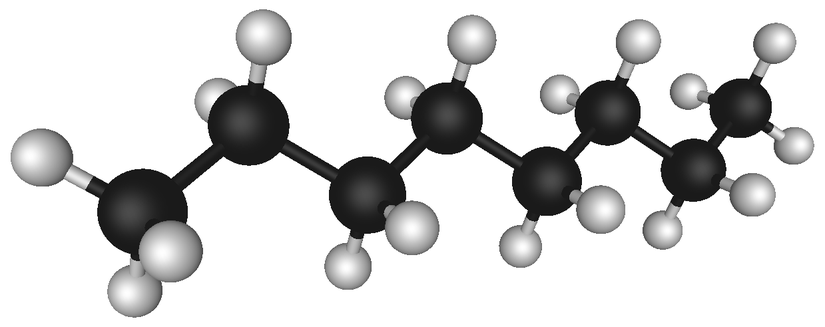 Bir oktan molekülü. Yukarıdaki gösterimle aynı şekilde, beyazlar hidrojeni, siyahlar karbonu temsil ediyor.