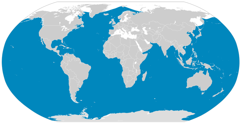 Mavi Balina'nın yaşadığı sular (mavi ile gösterilmiştir)