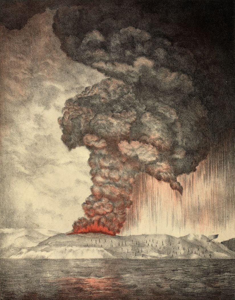 Krakatoa'nun 1883'teki patlamasının 1888'de yapılan bir litografisi