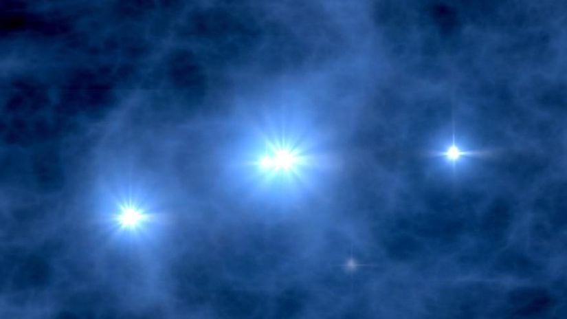 Evrende parlamaya başlayan ilk yıldızların bir çizimi. Yıldızları soğutacak metaller olmadan, yalnızca büyük kütleli bir bulutun içindeki en büyük kümeler yıldız olabilir. Kütçekiminin daha büyük ölçekleri etkilemesi için yeterli zaman geçene kadar, yalnızca küçük ölçeklerde erken yapılar oluşturabilir ve bu yıldızların ışıkları, o dönemde opak olan Evren'den ötürü pek de uzağa gidemeyecektir.