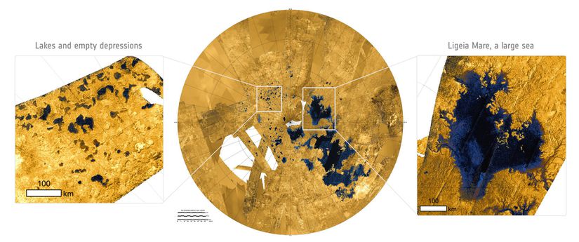 Titan'ın kalın duman örtüsünün altındaki kuzey kutbu bölgesindeki göller ve büyük deniz