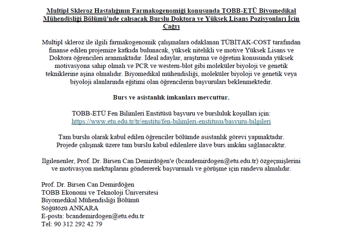 Multipl Skleroz Farmakogenomiği Konusunda Burslu Lisansüstü Pozisyonlar