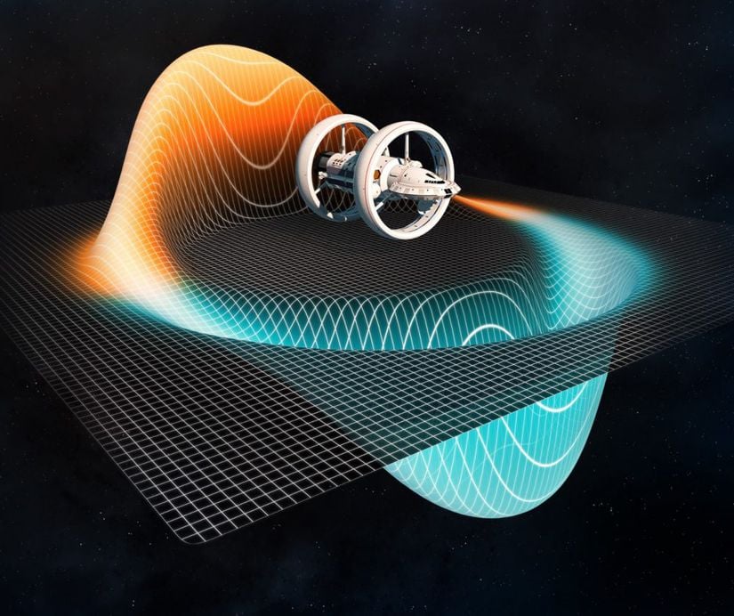 Warp sürücüsünün, uzay-zaman dokusunu nasıl büktüğünün gösterimi.
