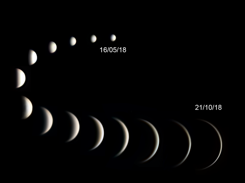 16 Mayıs 2018 ile 21 Ekim 2018 tarihleri arasında Venüs'ün fazları