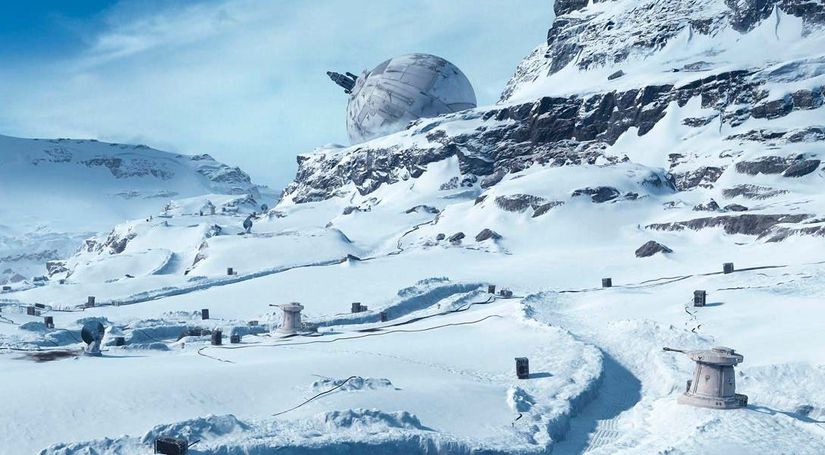 Star Wars evreninden Hoth gezegenine ait bir görsel. Kayalık, dondurucu bir iklime sahip olan ancak bunlara rağmen basit yaşamı mümkün kılan bir dünya.
