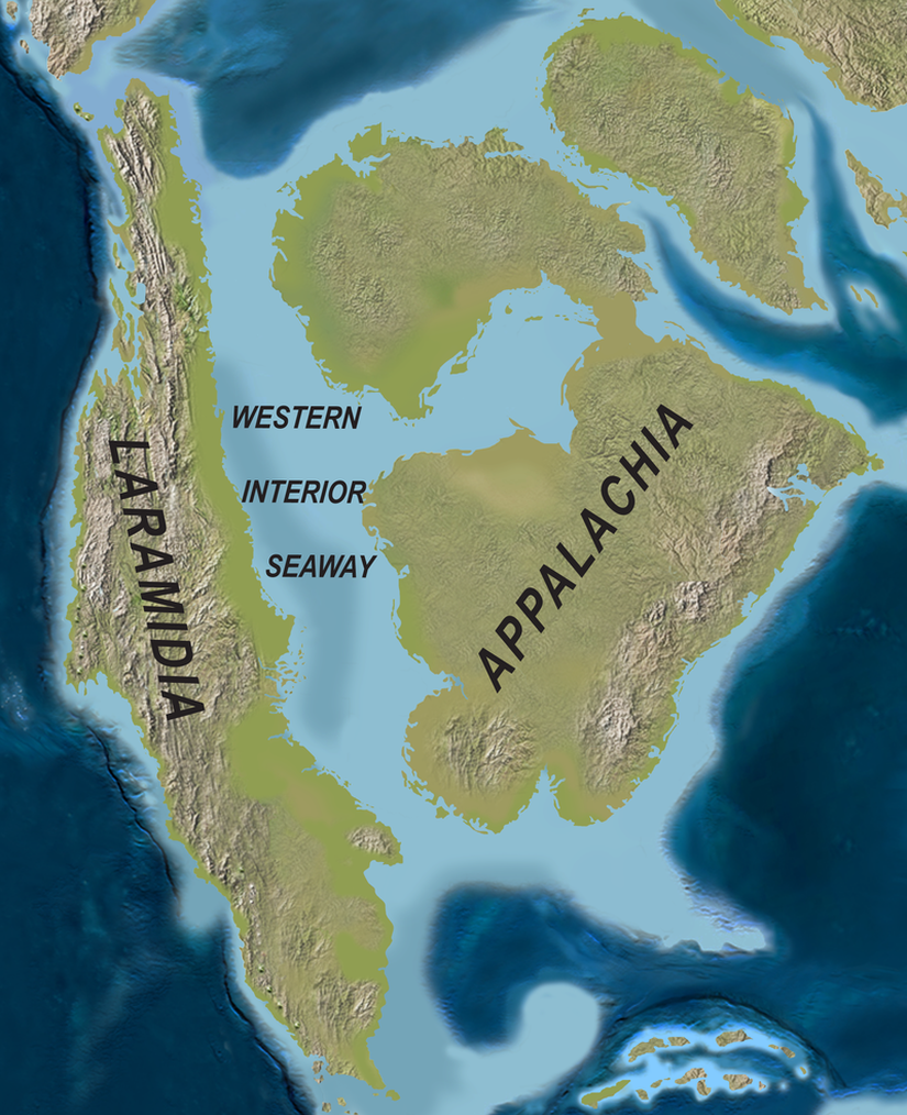 Jormungandr walhallaensis'in yaşadığı bölge olan ve Kampaniyen'de Batı iç deniz yolu tarafından ayrılan Kuzey Amerika'nın harita üzerindeki gösterimi.