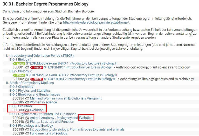Viyana Üniversitesi Biyoloji Lisans Programı ilk dönem dersleri.