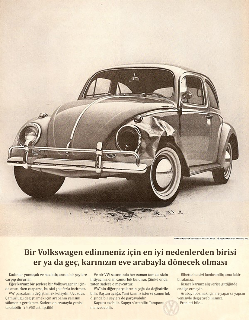 Dikkat! Yüksek düzeyde cinsiyetçilik içerir.  1964 yılından bir Volkswagen reklamı.