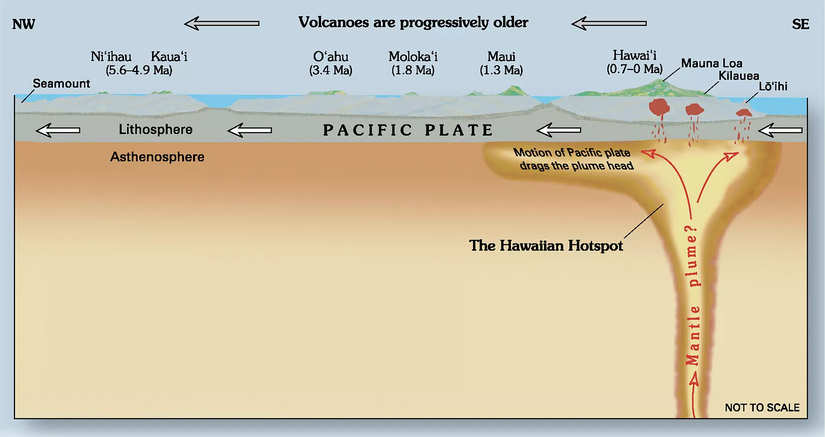Pasifik plakasında yer alan Hawaii Adalarının oluşumunu gösteren zaman ölçekli şema.