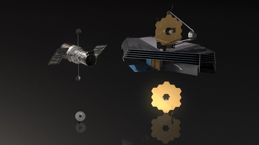 Hubble (solda) ile Webb'in (sağda) karşılaştırılması. Resmin altında, aynalarının ortalama bir insanla kıyaslanması bulunmakta.