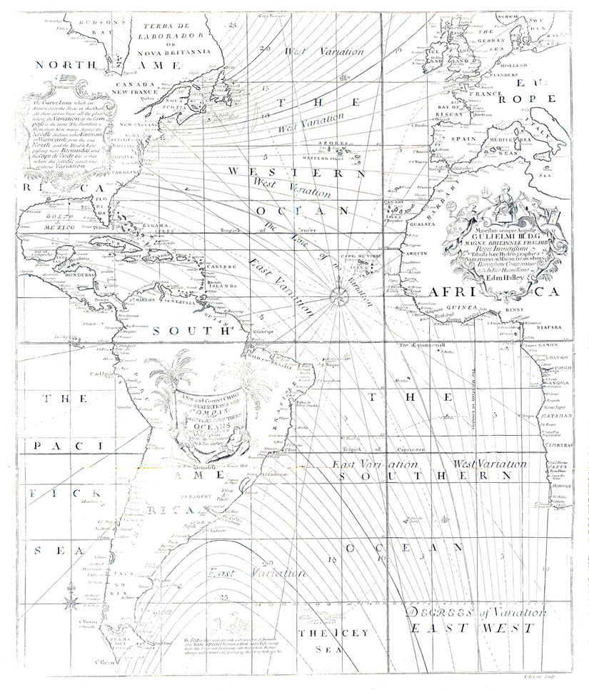 Halley'in 1701 yılında çizdiği ve Atlasy Okyanusu'ndaki manyetik yönelim çizgilerinin eşit olarak (izogonik) dağıtıldığı haritası.
