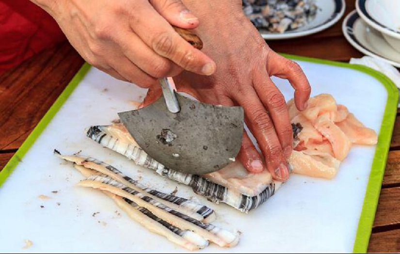 «Muktuk» Balina derisi ve deri altı yağıyla yapılan geleneksel Inuit yemeği. (Fotoğraf: Yvette Cardozo)