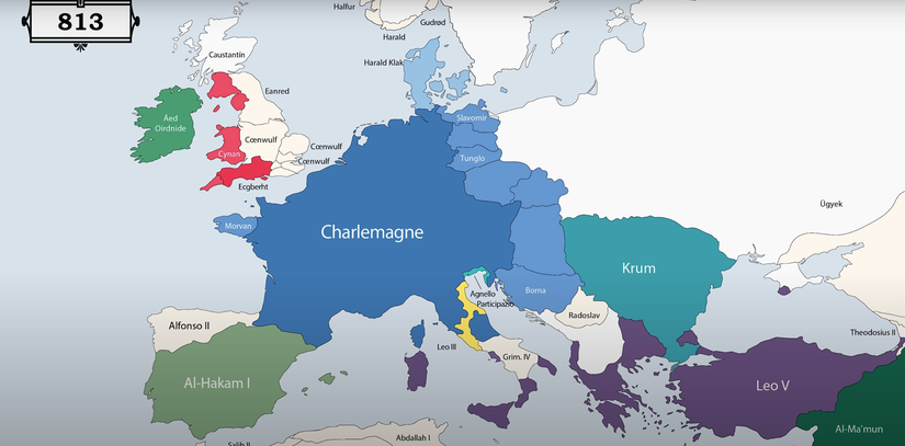 Charlemagne'ın(Şarlman) 814 yılında ki ölümünden 1 yıl önce, Frank İmparatorluğu ve komşu devletlerin haritası. Açık mavi ile gösterilen yerler, Franklara bağlı devletlerdir.