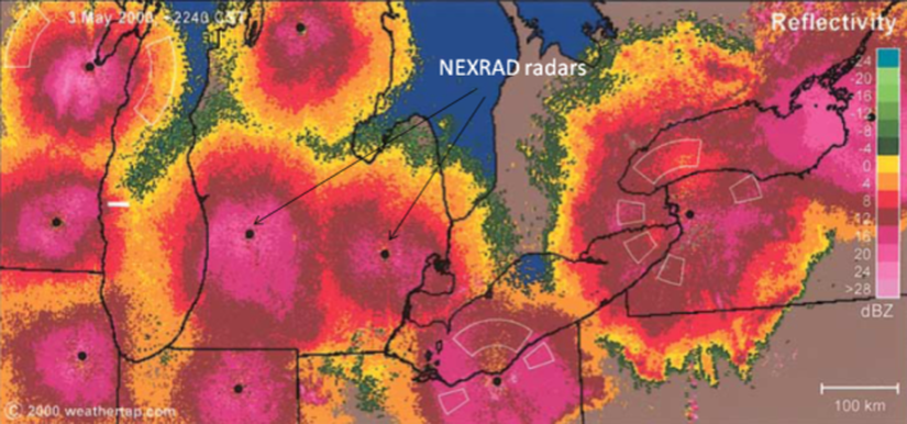 Figür 1: NEXRAD radarı ile göçmen kuşların gözlemlenmesi. Siyah noktalar radar istasyonlarının konumunu belirtir. 3 Mayıs 2000 akşamında Great Lakes Bölgesi, A.B.D.'de göç eden kuşların yoğunlukları renk skalaları ile belirtilmiştir.  2012 Nature Education Diehl ve ark. 2003'e takiben düzenlenmiştir. Tüm hakları saklıdır.