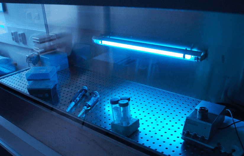 Bir laboratuvar ortamında sterilizasyon için çalıştırılan UV (moröte) ışık.