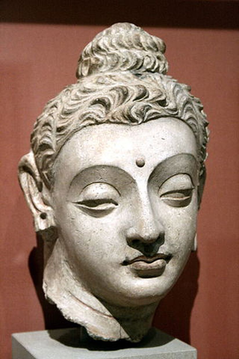 Yaklaşık iki bin yıllık bir Buda tasviri. Tipik bir Hint soylusuna yaraşacak şekilde Buda birçokları tarafından uzun saçlı resmedilir. Üstelik seçtiği hayatın dünyevi zevklerden ve estetik arayıştan ne kadar uzak olduğu ona giydirilen sade kıyafetlerle çokça vurgulanmasına rağmen.