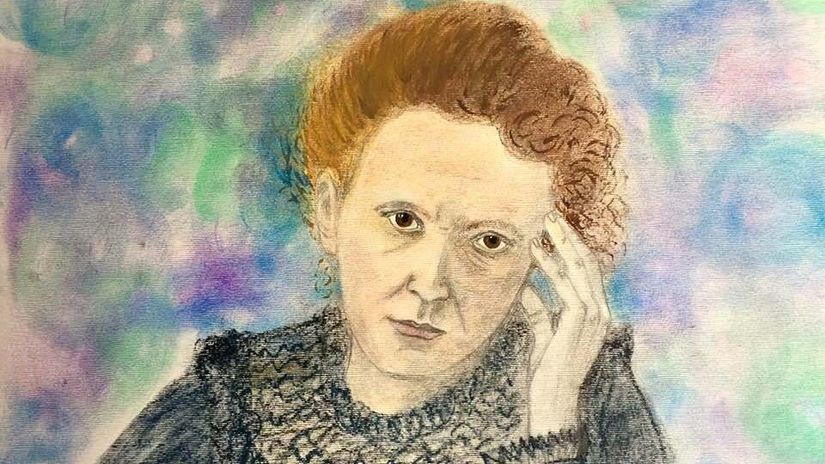 Marie Curie'nin ana görseldeki bir portresine bakılarak çizilen ve renklendirilen bir çalışma.