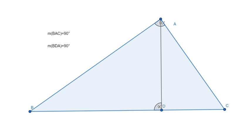 Bu ABC dik üçgeninde A köşesinin yüksekliği |AB|,  B köşesinin yüksekliği |BA| ve C köşesinin yüksekliği |CA| olur. Bu yükseklikler A noktasında kesişir.