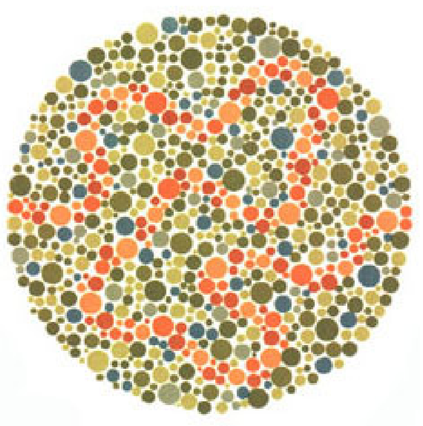 Plaka 32: Normal görüşlüler turuncu bir çizgi görürler, kırmızı-yeşil renk görüşü yetersizliği olanlar ya hiçbir şey göremezler ya da hatalı bir çizgi görürler.
