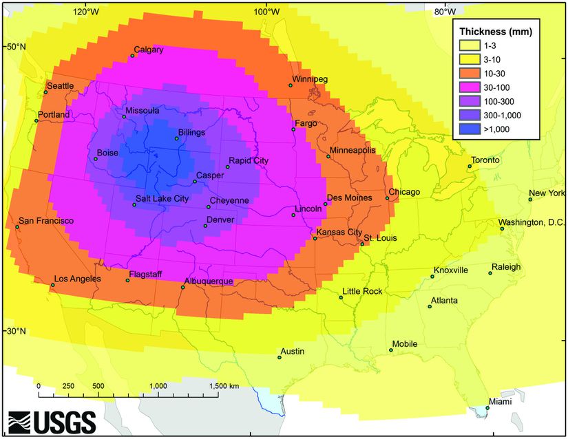 Bir ay sürecek bir Yellowstone süper püskürmesinden kaynaklanan külün olası dağılımına bir örnek.
