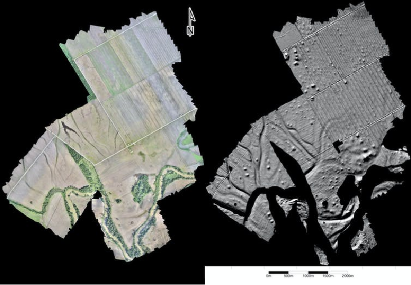 Belize'de Maya yerleşim alanı olan Saturday Creek çevresindeki alanların görüntüsü. Soldaki görüntü binlerce fotoğrafın birleşip tek bir 3D yüzeye dönüştürülmüş hali. Sağdaki görüntü ise antik ev höyüklerinin tespit edilebilmesi amacıyla yükseklikteki küçük değişikliklerin açığa çıkması için sanal aydınlatma kullanılmış hali.
