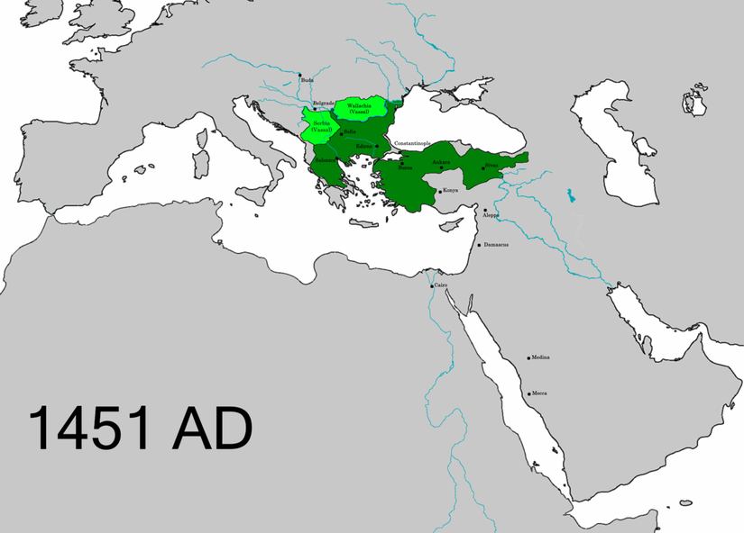 2. Mehmet'in ikinci kez tahta çıktığı 1451 yılında Osmanlı Devleti'nin toprakları. Koyu yeşil topraklar devlete ait, açık yeşil olanlar ise Avrupa feodal sisteminde, derebeyine (feodal lord) hizmet karşılığında, kendisine toprak ve köylü (yurtluk) tahsis edilen vasallardır.