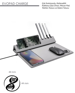 Evopad Charge: Katlanabilir Kablosuz Şarj, Mouse Pad, Telefon Tutucu ve Kalemlik Seti