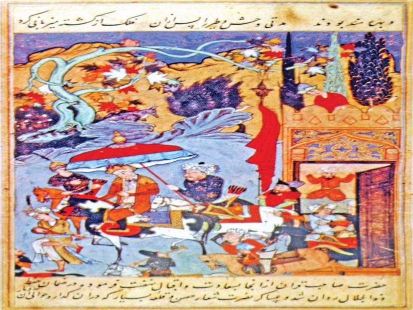 Emir Timur'un Karabağ seferi için çetr ve sancakla saraydan çıkışını gösteren minyatür.