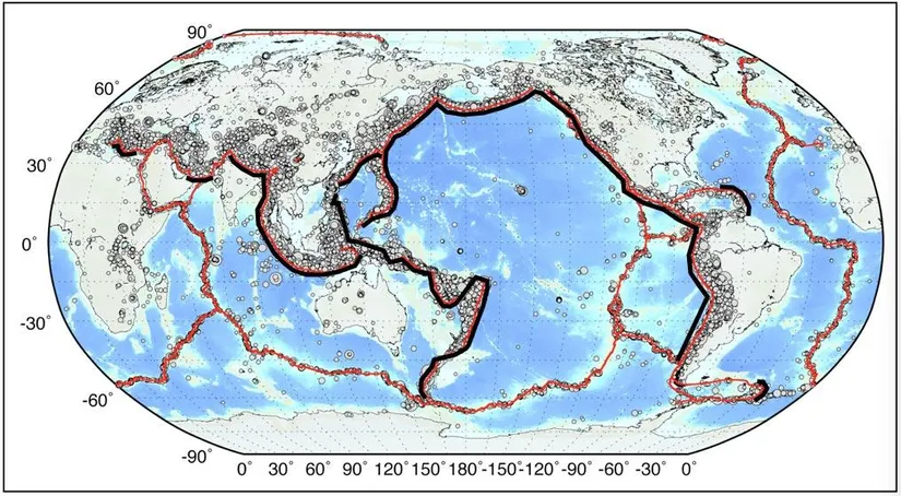 10.5 büyüklüğünde bir deprem yaratmak için gereken fay hattı uzunluğu siyahla gösterilmiştir.