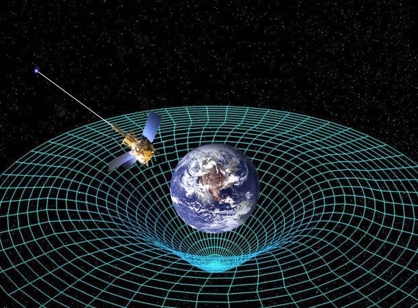 Dünya'nın yaratmış olduğu uzay-zaman kıvrılması ve ISS. Dünya'nın kütleçekim gücü Dünya'nın merkezinden uzaklaştıkça azalmaktadır.
