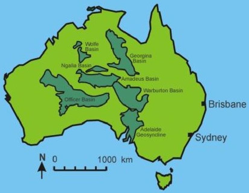 Neoproterozoik'ten Erken Paleozoyik'e devredilen ve evrimsel zaman dilimi içinde Avustralya'nın merkezindeki Adelaide Jeosenklinal ve diğer sedimanter havzaların yeri.