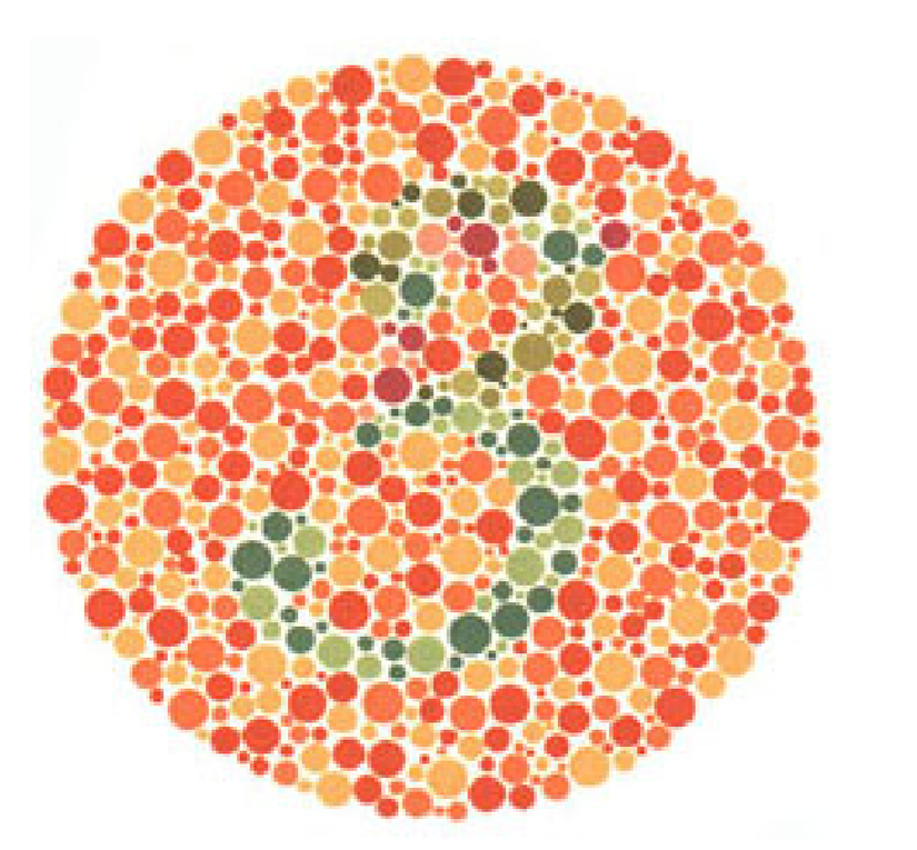Plaka 7: Normal görüşlüler 3, kırmızı-yeşil renk körleri 5 sayısını görmeli.