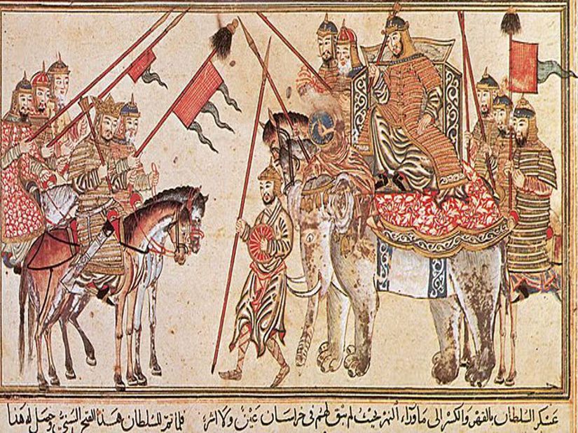 Karahanlı hükümdarı İlig Han (atın üstünde) filin üstündeki Gazneli Mahmud'a itaatini bildiriyor.