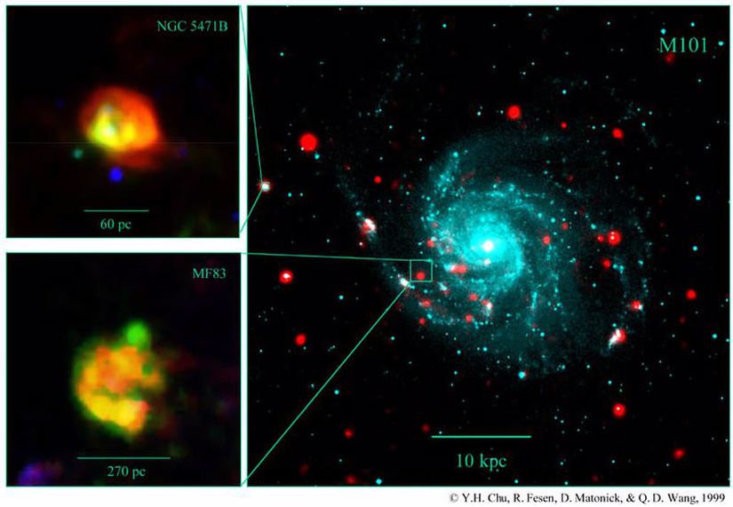 Yukarıda görülen M101 görüntüsü, bir optik görüntü (mavi renkte görülen Palomar Gözlemevi Gökyüzü Araştırması tarafından) ve bir X-ışını görüntüsünün (kırmızı renkte görülen ROSAT uydusu tarafından) kombinasyonudur. İki şüpheli hipernova kalıntısı optik ışıkta görülemez; bunlar yalnızca X-ışınlarıyla ve bazı belirli atomik aktivitelerden kaynaklanan emisyon çizgilerinde görülebilir. NGC 5471B görseli, Hubble Uzay Teleskopu içindeki Geniş Alan ve Gezegensel Kamera 2 (WFPC-2) kamerası ile çekilmiş yanlış renkli görüntüdür . MF83 görüntüsü, Michigan-Dartmouth-MIT Gözlemevi'nde yapılan gözlemlerle üretilen sahte renkli bir görüntüdür.