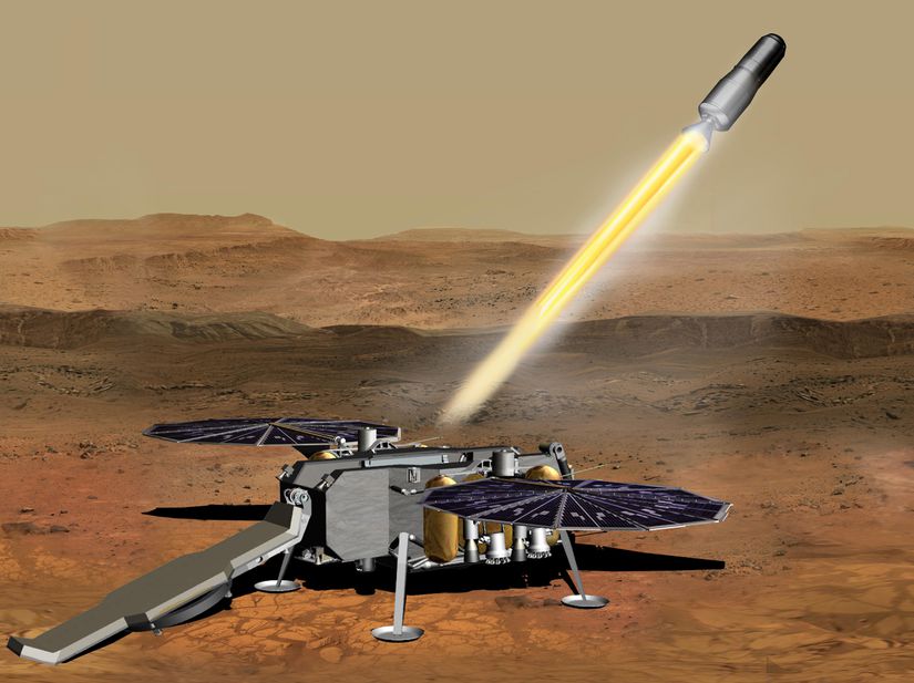 Mars Tırmanış Aracı'nın (Mars Ascent Vehicle) ateşlendiği anı gösteren bir konsept çalışma